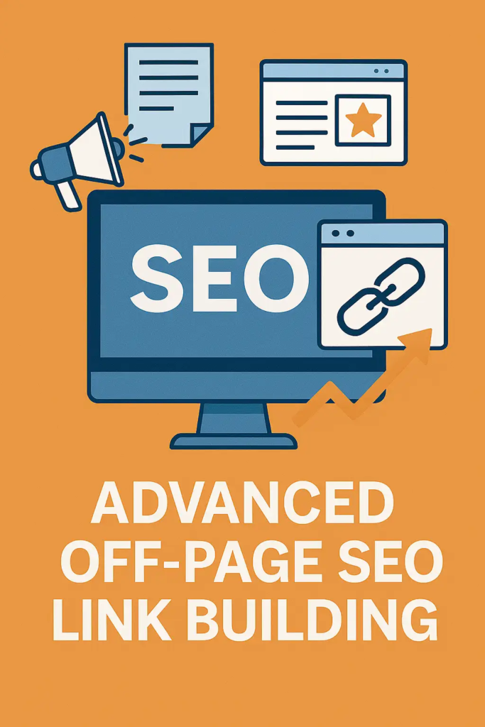 Flat-style illustration of SEO link building with icons of backlinks, guest posts, documents, and a rising arrow on a desktop screen