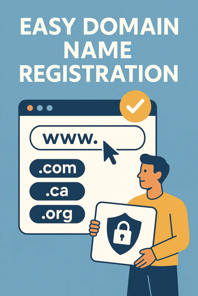Flat illustration of a domain registration interface with a user selecting .com, .ca, and .org options, emphasizing privacy and security