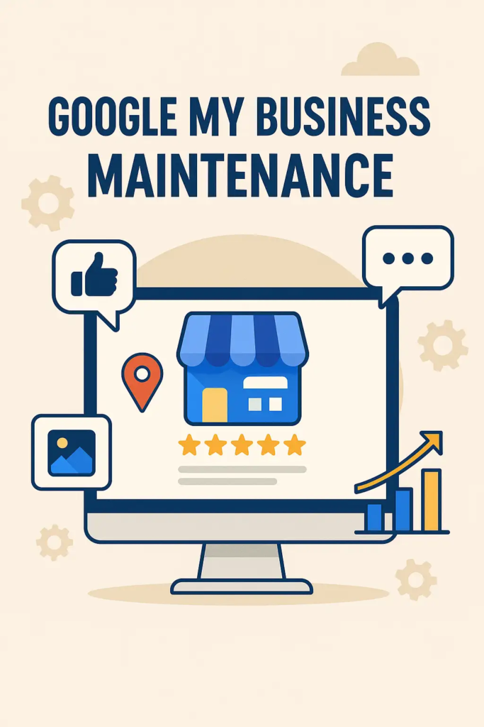 Flat-style image showing a computer screen with a GMB profile, 5-star reviews, a storefront icon, and engagement elements like photo and comment icons
