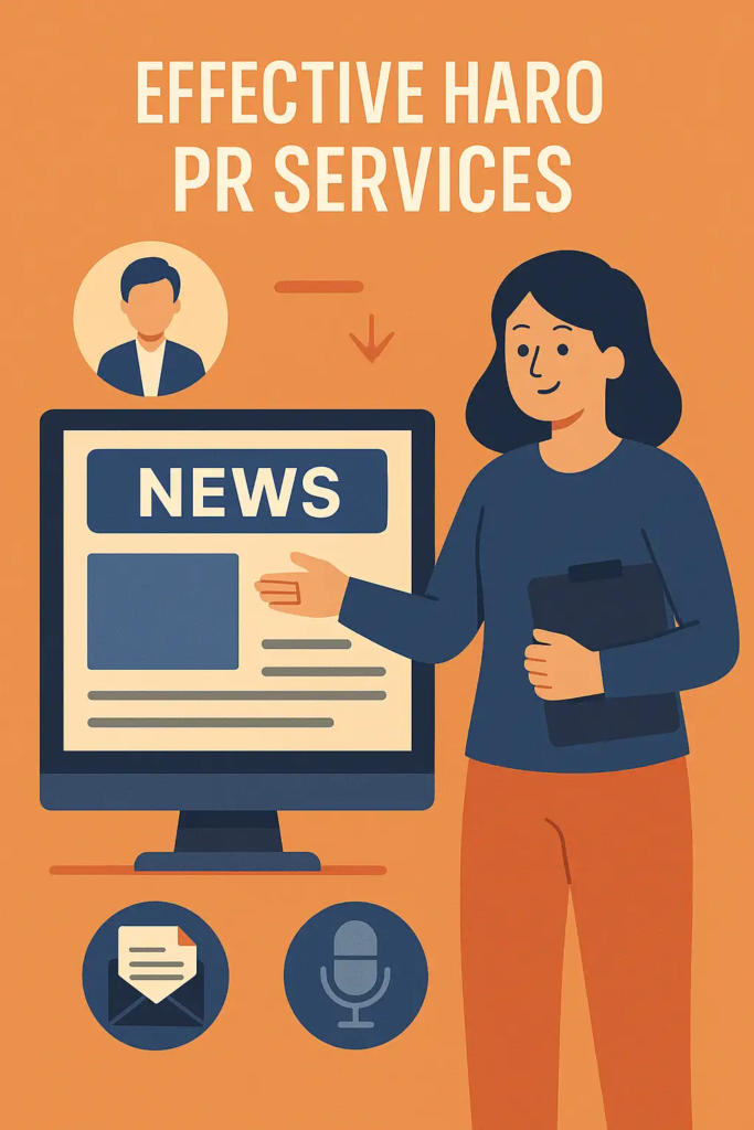 Illustration of a professional woman presenting news coverage with icons for journalist, megaphone, and article—representing HARO services