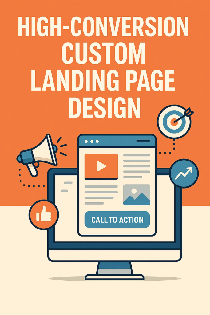 Flat design illustration showing a custom landing page layout with a bold call-to-action, targeting high conversion rates